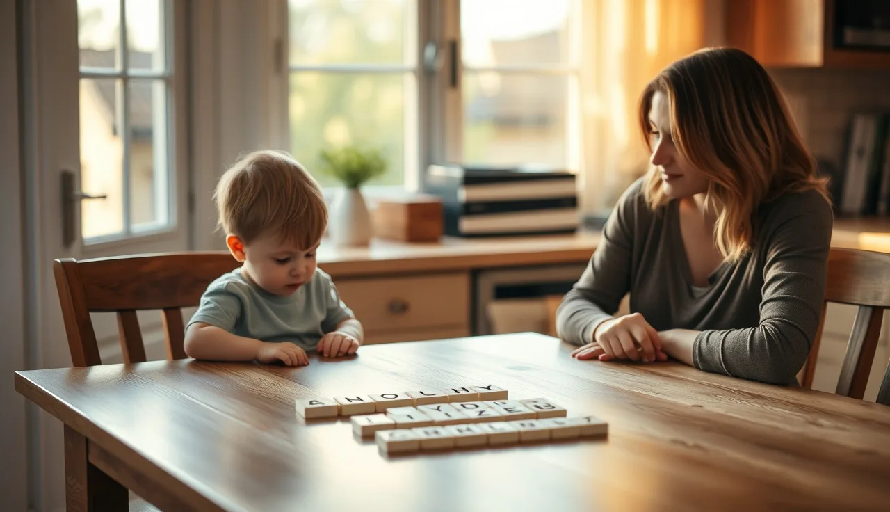 Young child and adult working with letter tiles at a kitchen table during reading tutoring