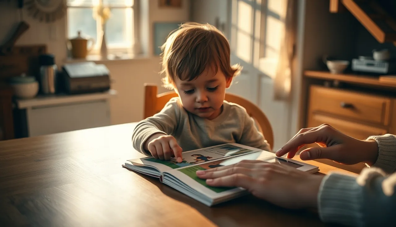 Young child pointing at a picture book at a kitchen table with a parent nearby