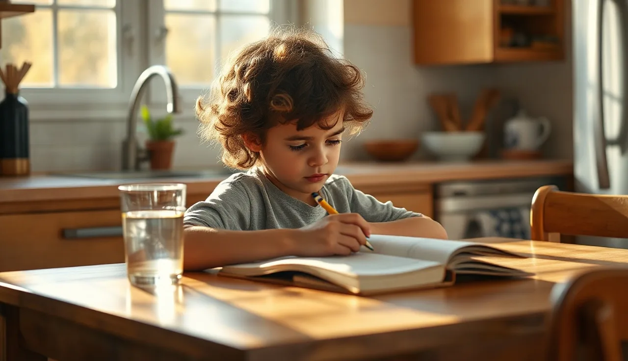 Young child concentrating while working on reading exercises at a kitchen table