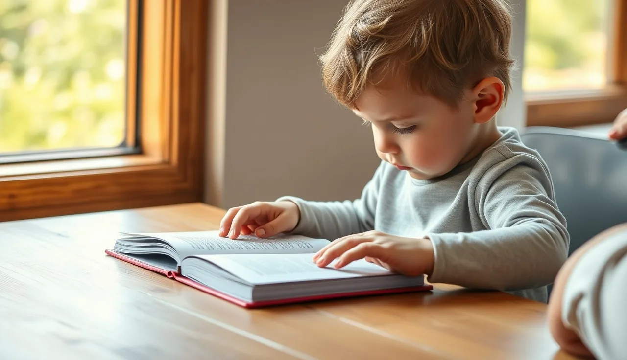 Young child sitting at a table struggling to read a book with parent nearby