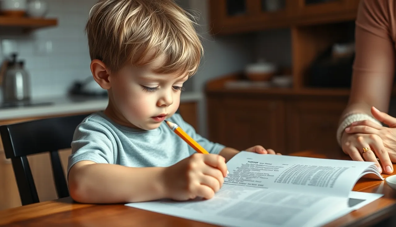 Child struggling to read at a kitchen table with parent nearby