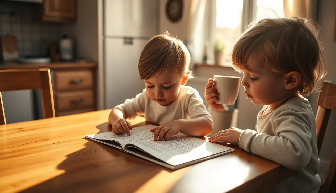 Young child tracing words on a page at home while a parent watches