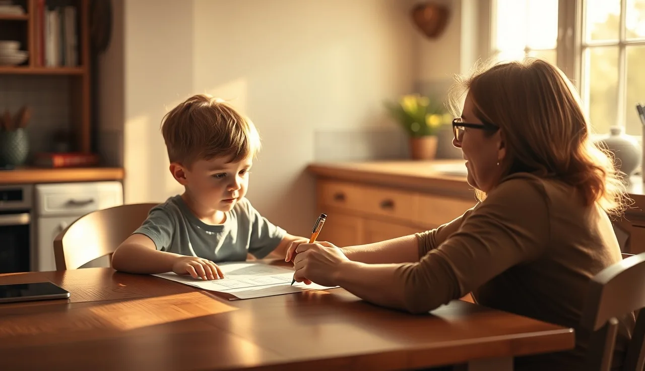Child and adult working together on reading practice at a kitchen table
