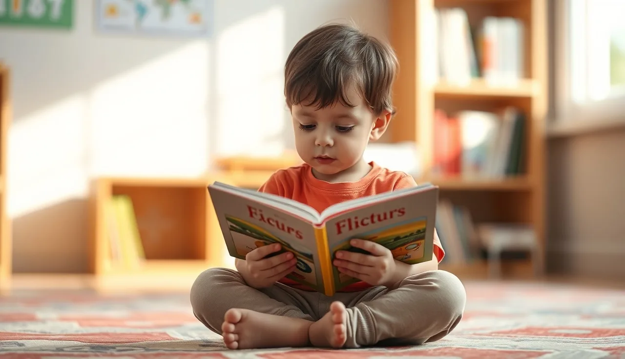 Young child reading a picture book aloud on a classroom rug in morning light