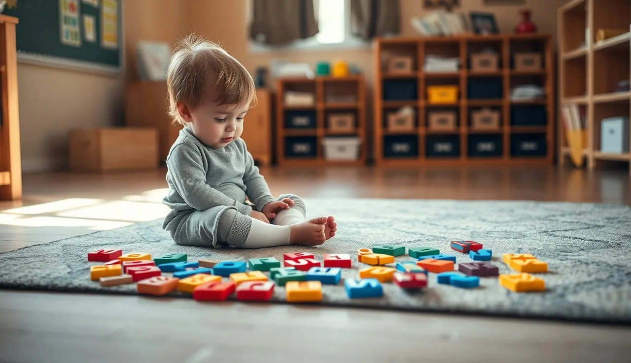 Young kindergartner examining letter tiles on a classroom rug