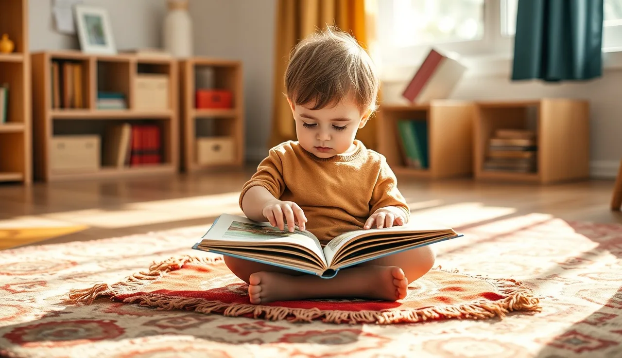 Young child looking at an open book on a classroom rug with adult nearby