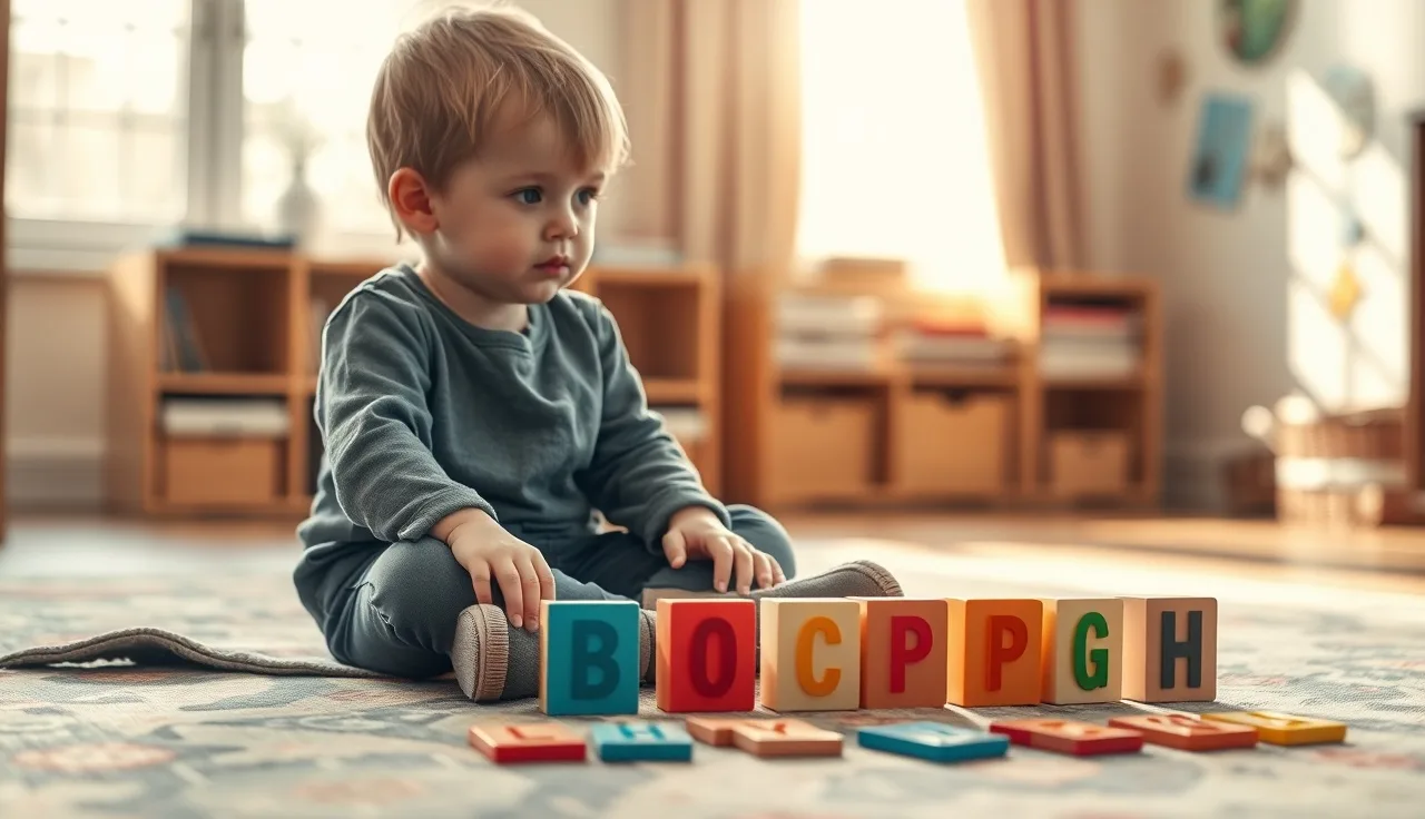 Young child examining alphabet tiles on a classroom rug with teacher guidance