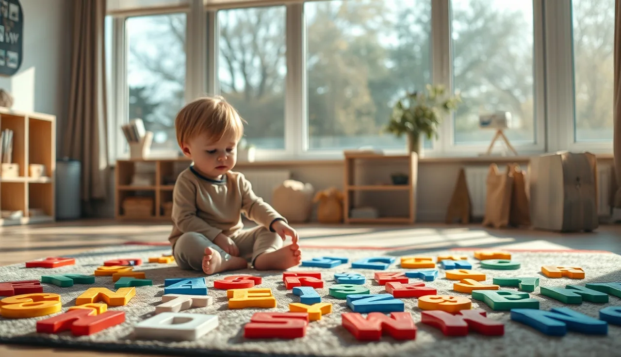 Young child pointing at letter cards on a classroom floor while struggling to learn reading