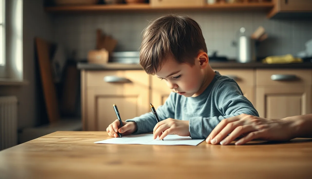 Young child concentrating at a table with an adult nearby, early reading practice