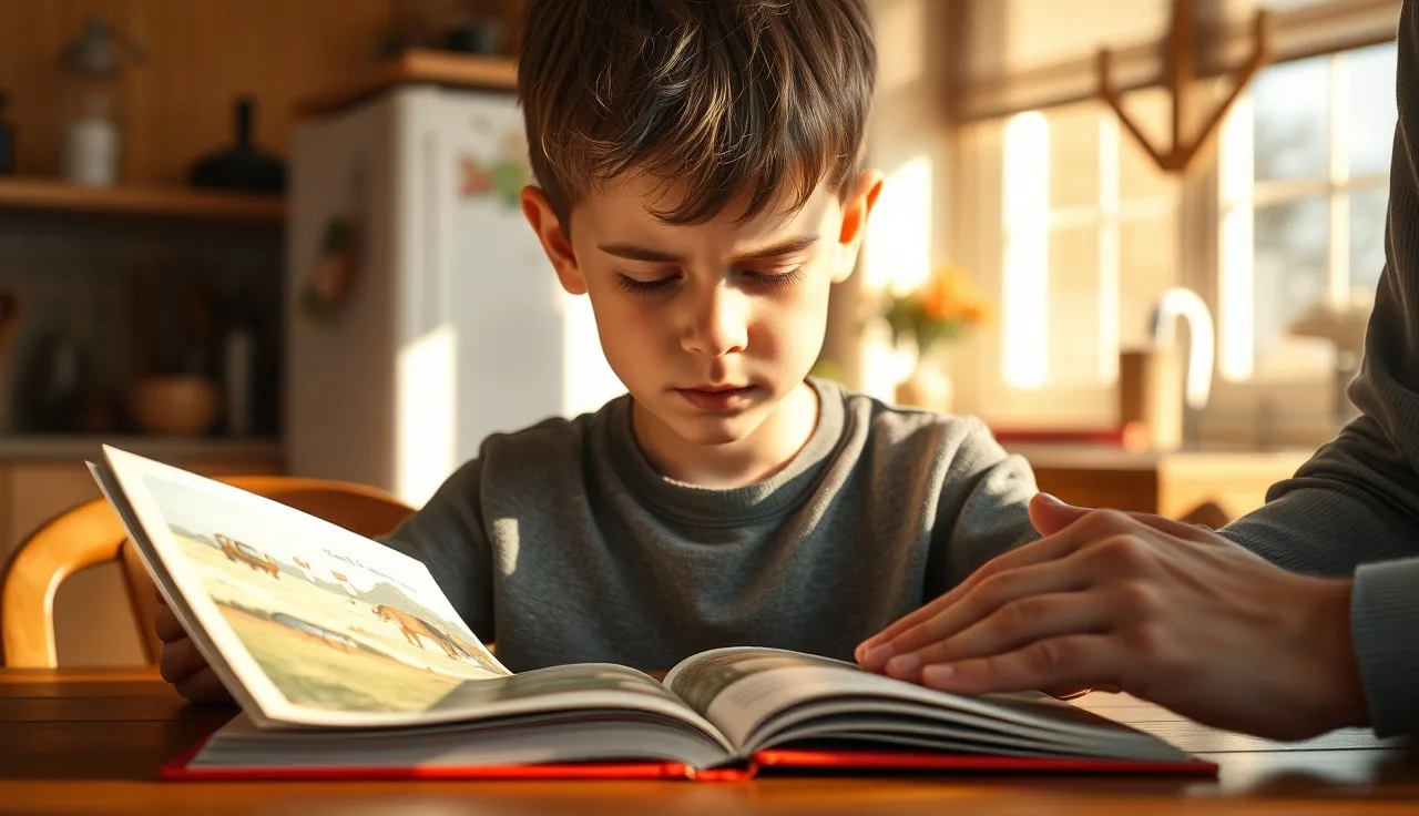 Young boy concentrating on an open picture book at a kitchen table