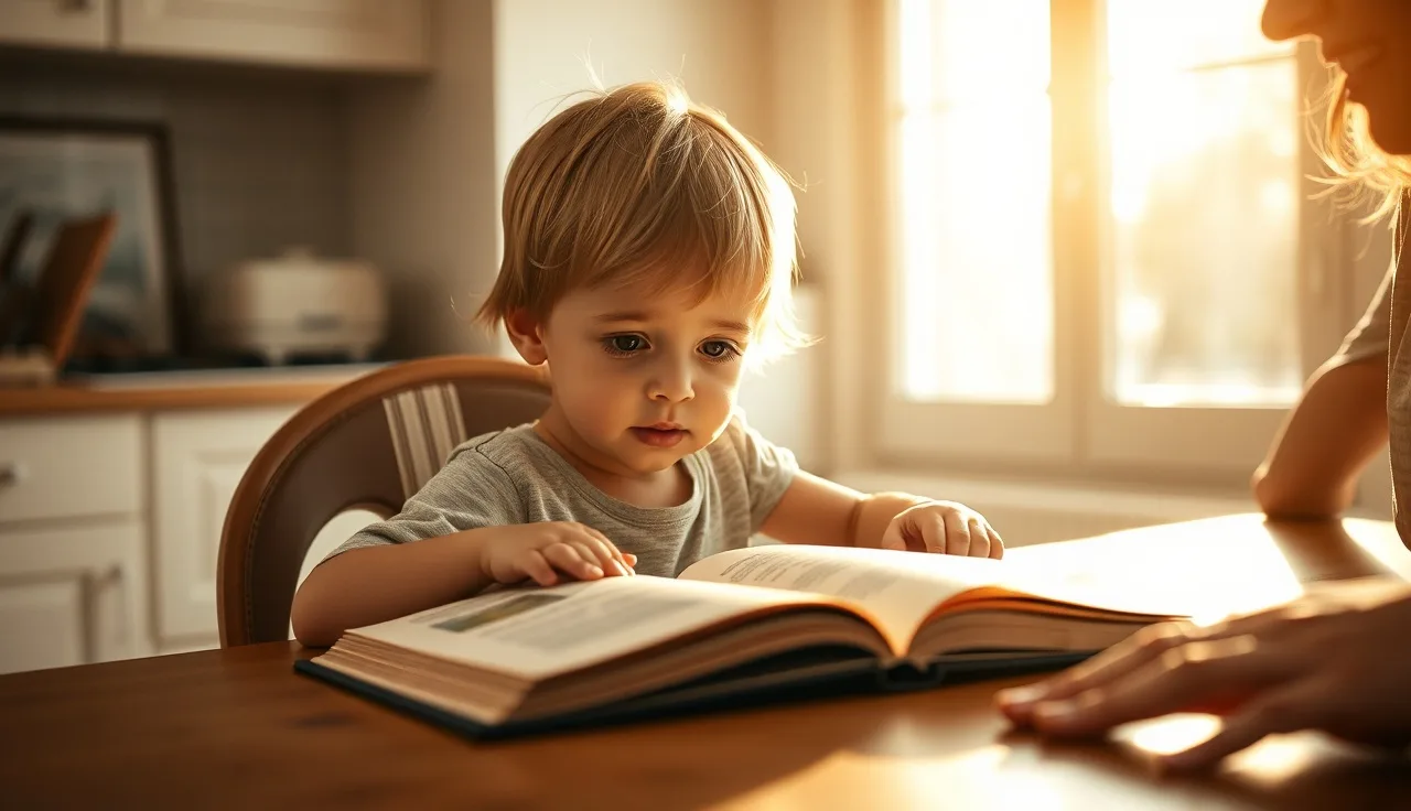 Young child concentrating on an open book at a kitchen table with a parent nearby
