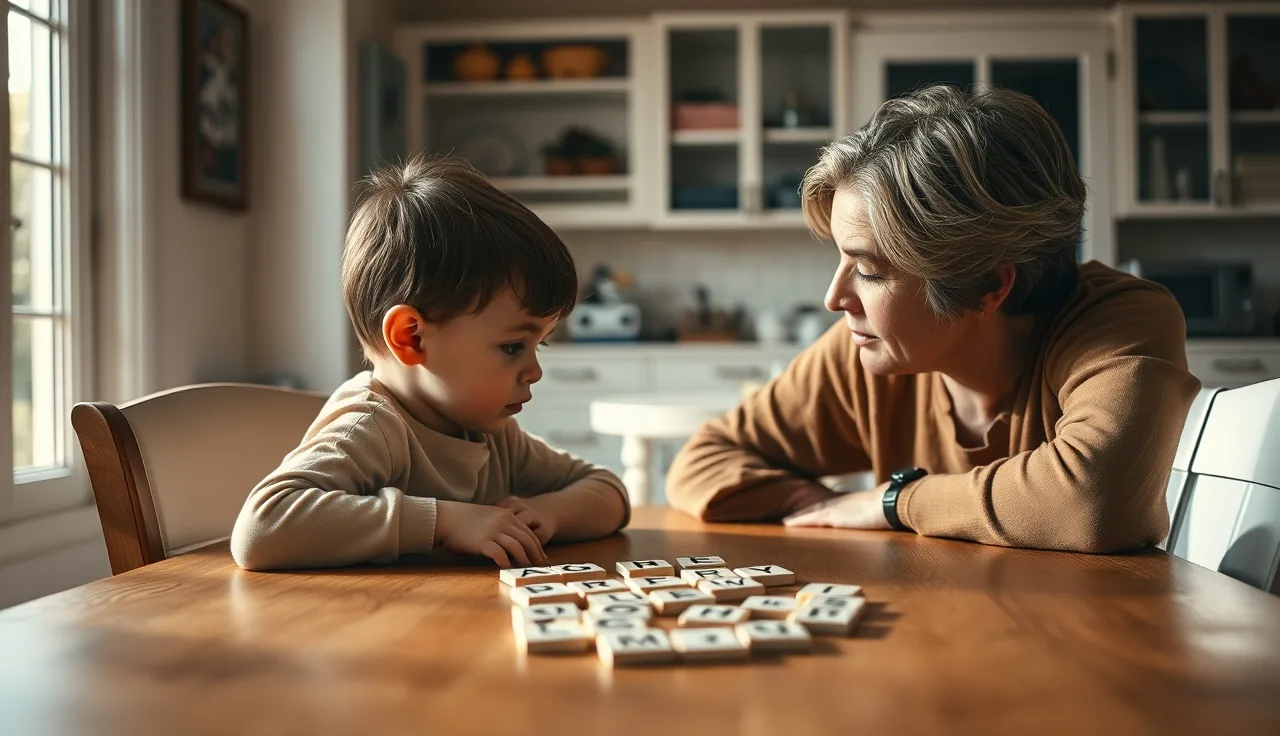 Child and adult tutor working with letter tiles at a wooden table