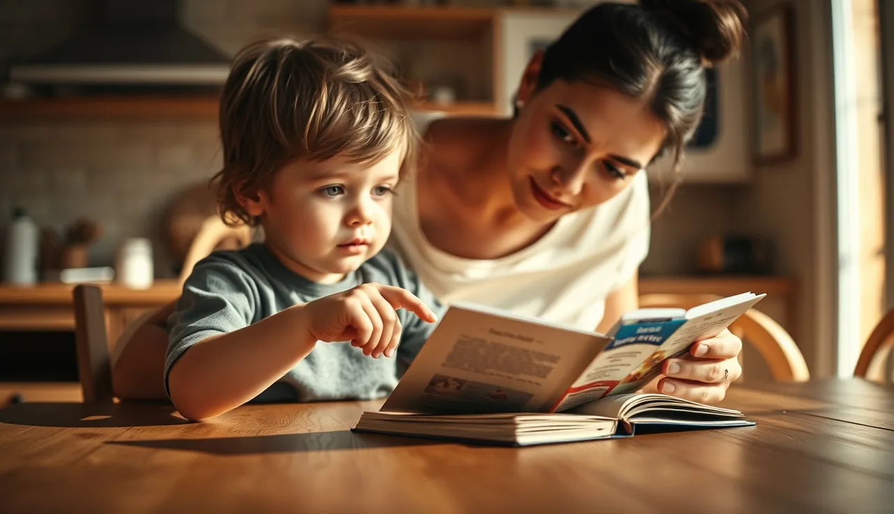 Young child and adult reading together at a kitchen table, focused on a book