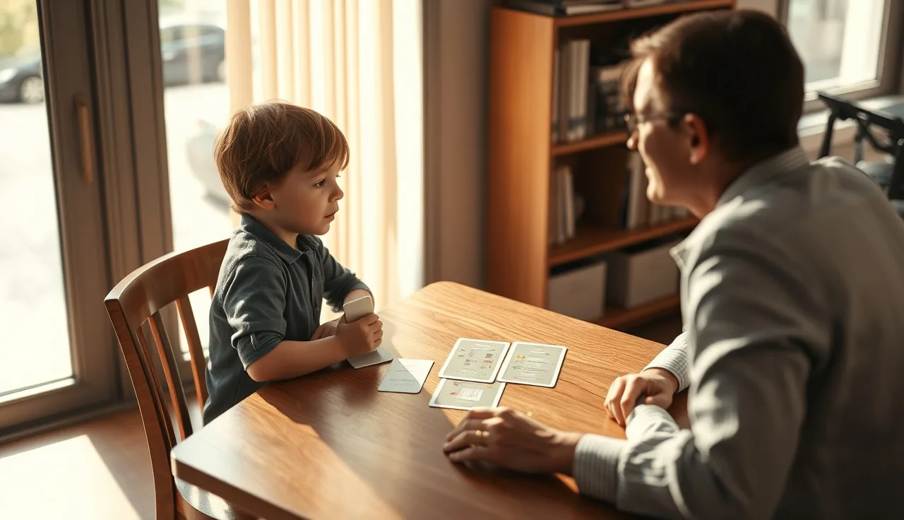 Child being assessed for dyslexia by specialist at wooden table with cards