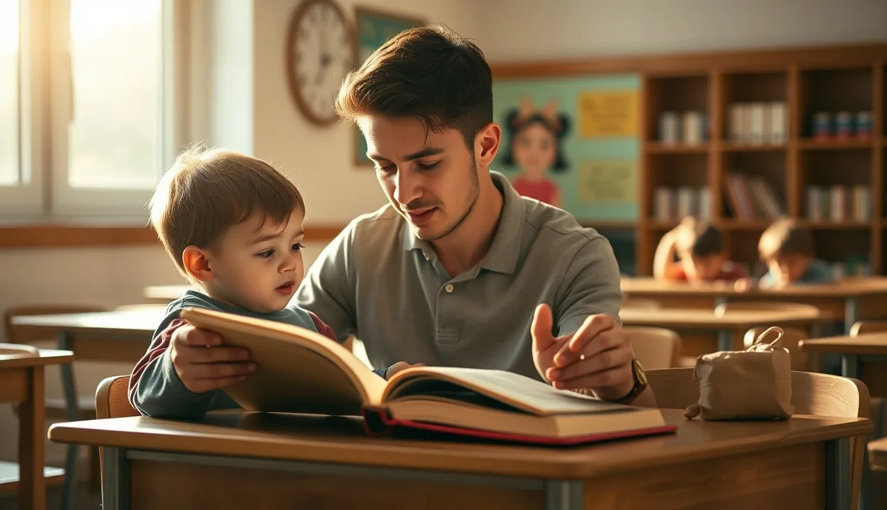 Child reading aloud to an adult during a fluency assessment at a school desk