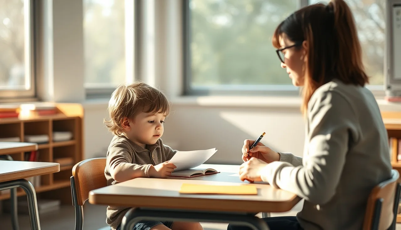 Young child reads aloud to a teacher during an oral reading fluency assessment