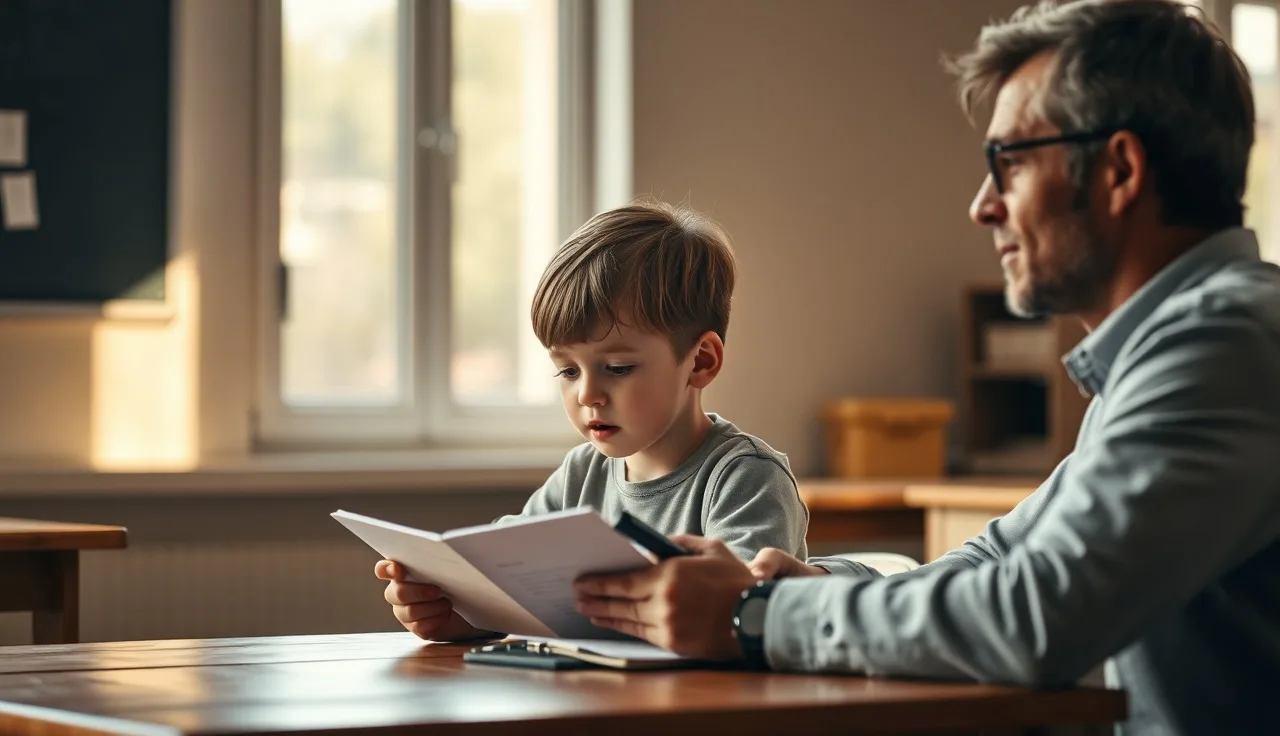 Child reading aloud to an adult examiner during a one-minute word reading fluency assessment