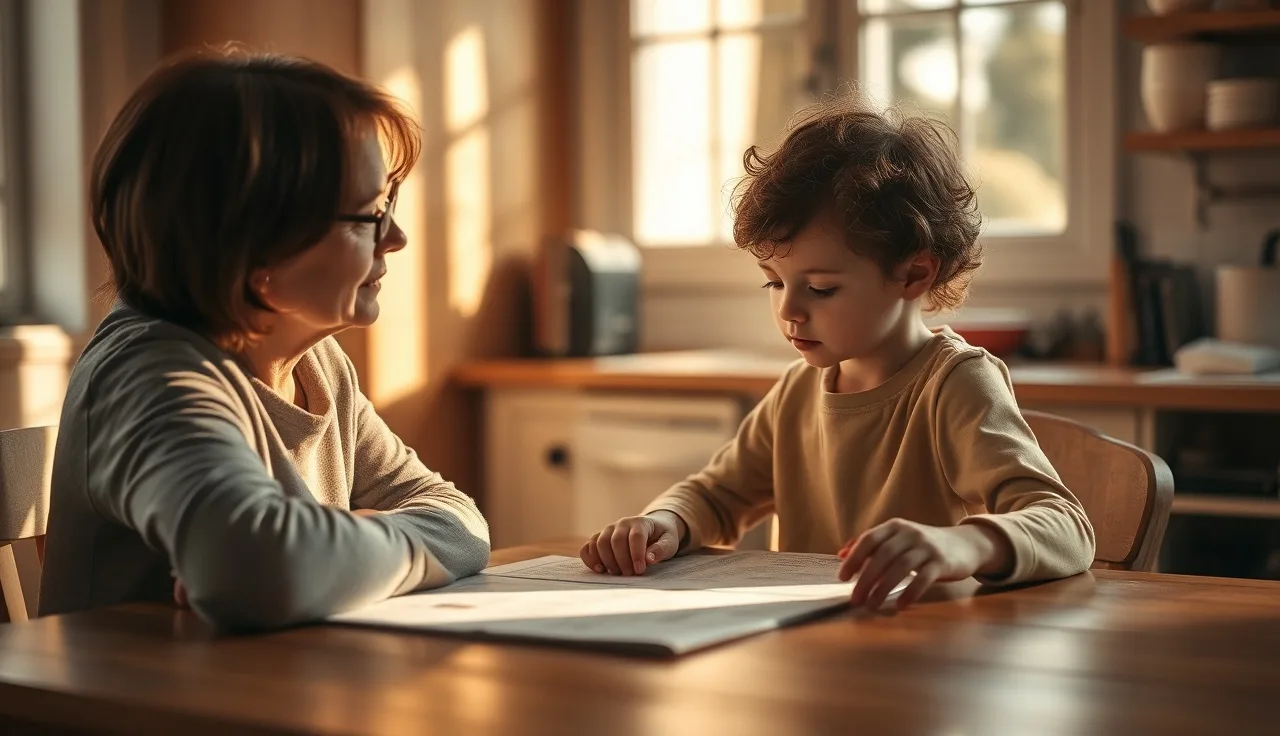 Child and adult sitting together at a table reviewing papers in afternoon light