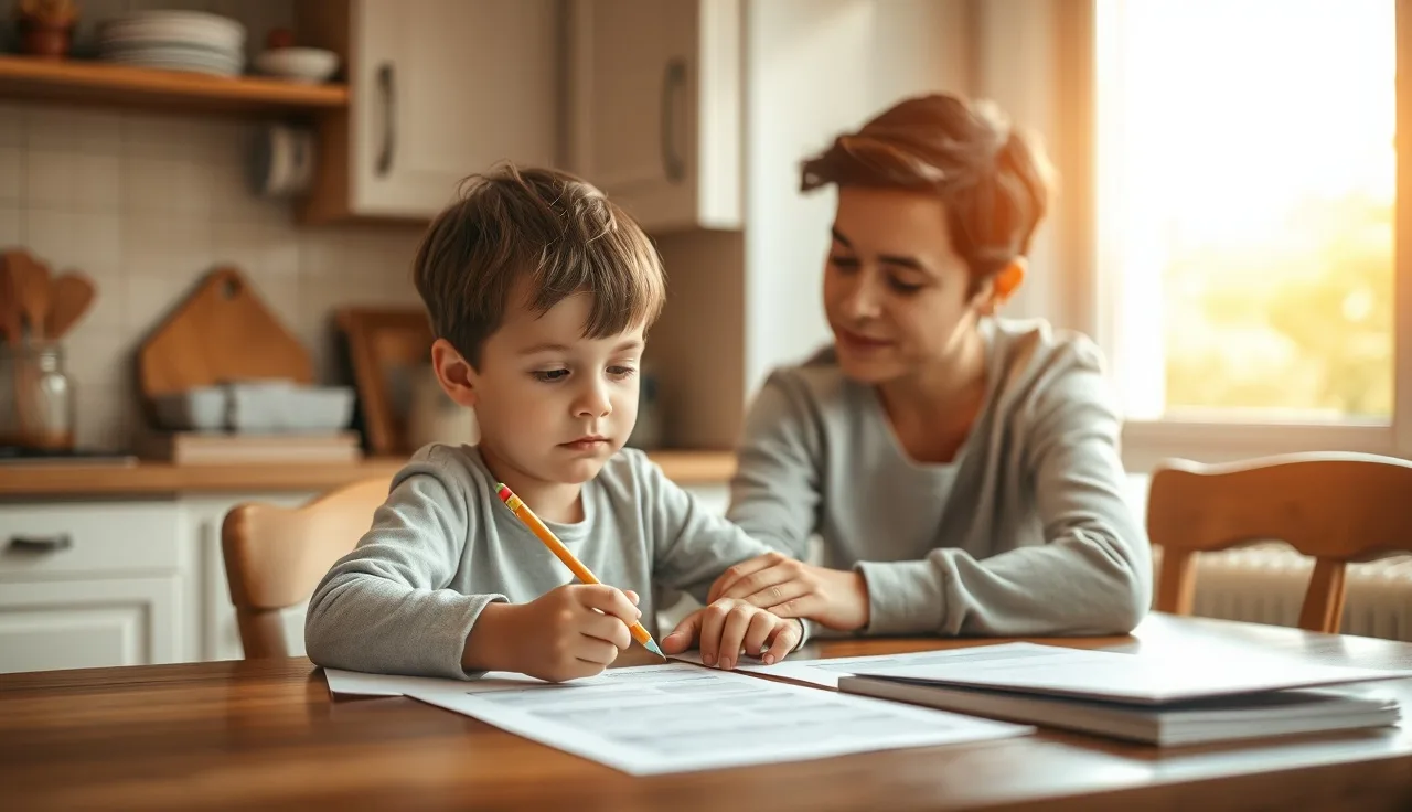 Child and parent reviewing assessment papers together at a kitchen table