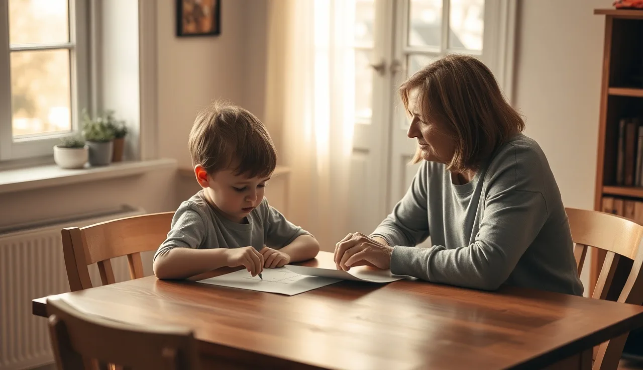 Child and adult seated at a table during a learning assessment session