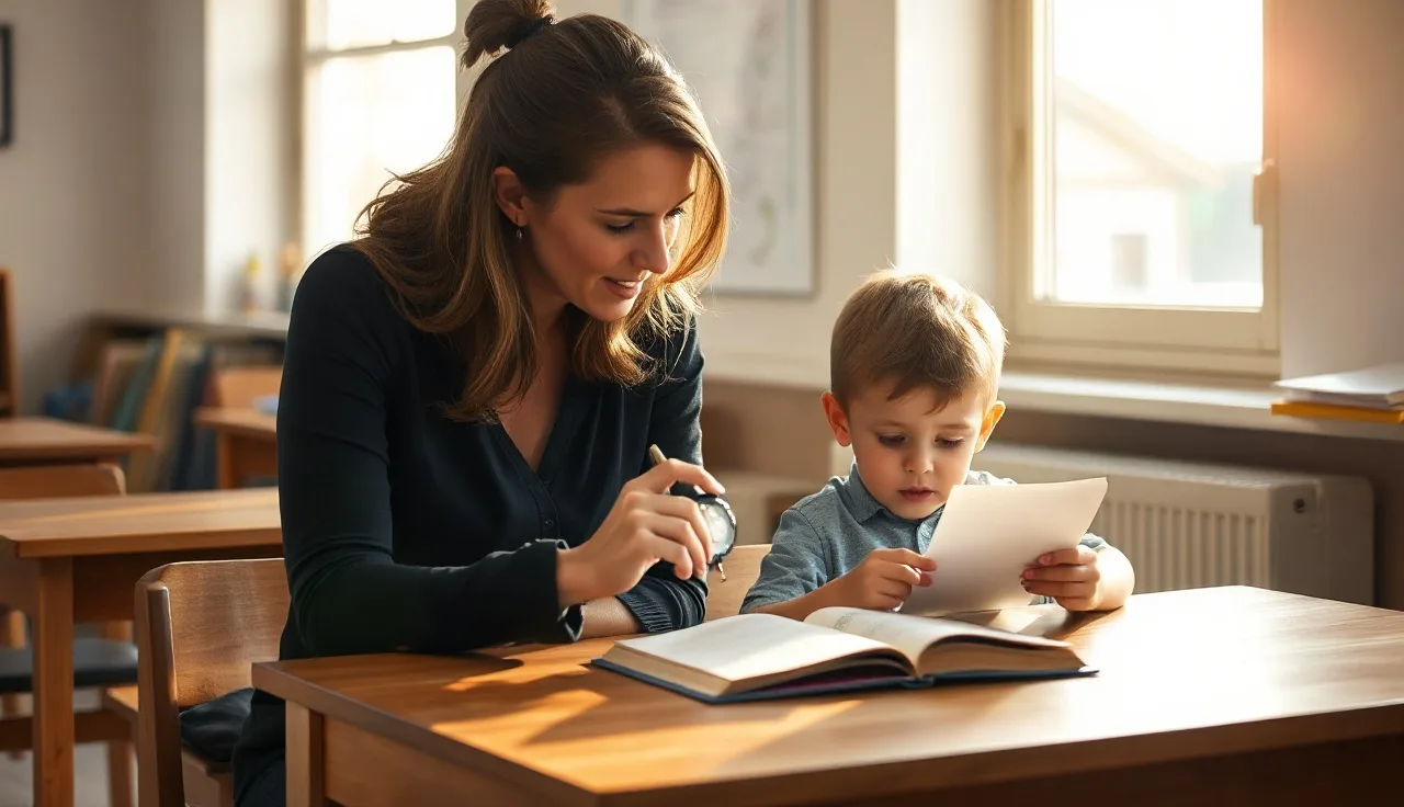 Teacher timing a child reading aloud at a classroom table in morning light