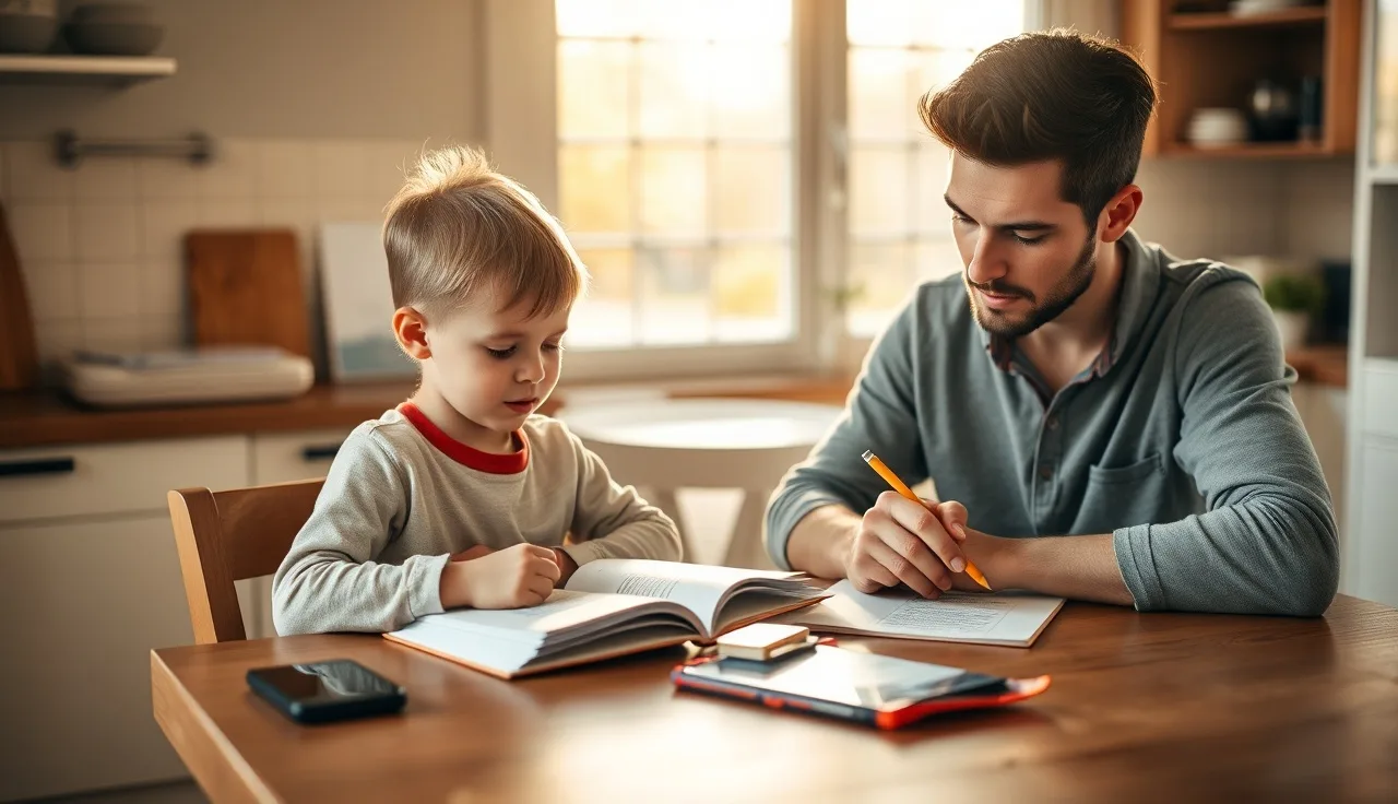Parent timing child reading aloud at a kitchen table, tracking fluency with pencil and paper