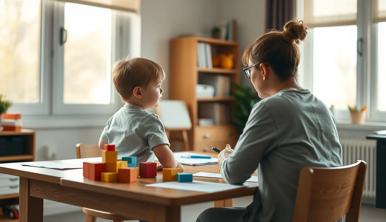 Child sitting with a clinician during a neuropsychological evaluation session