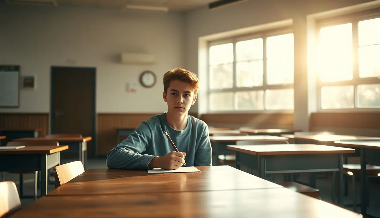 Teenager sitting at a school desk in afternoon sunlight, taking a test with extended time