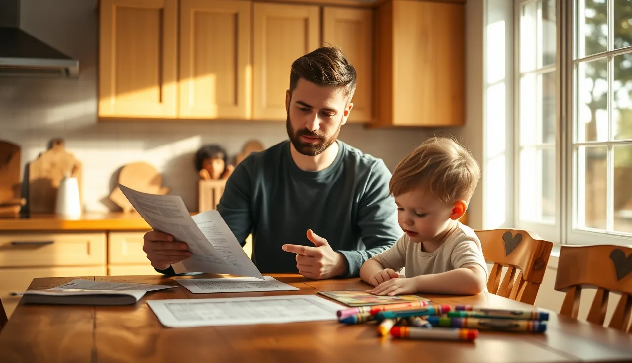 Parent reviewing papers at kitchen table with child nearby, morning light