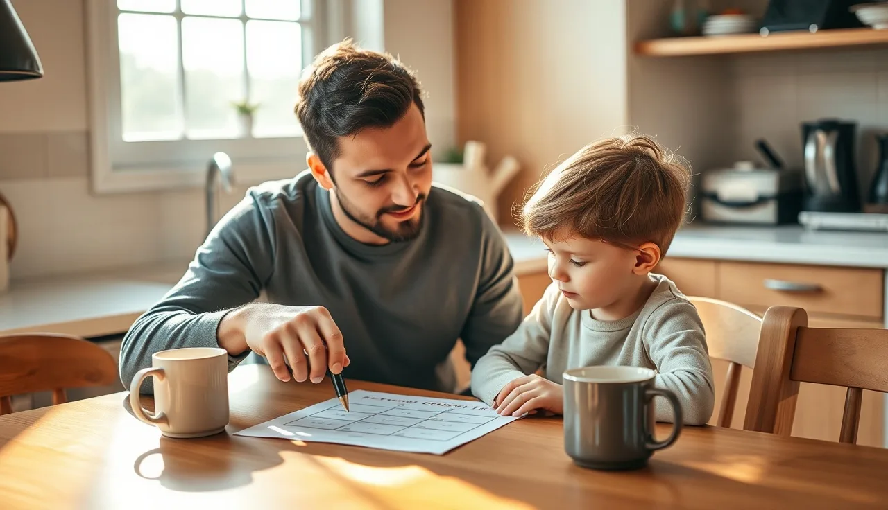 Parent and child reviewing reading assessment results together at a kitchen table