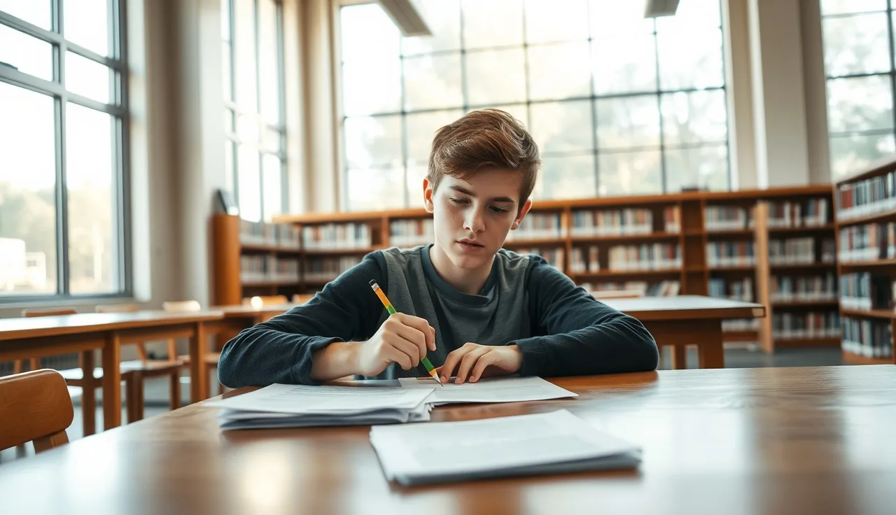 Teenage student with dyslexia studying at a library desk preparing for college entrance exams