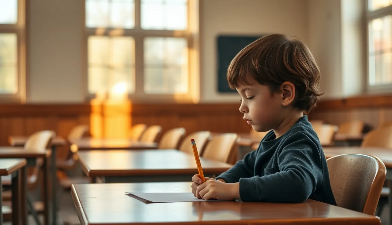 Child with dyslexia sitting alone at a desk preparing for a standardized test