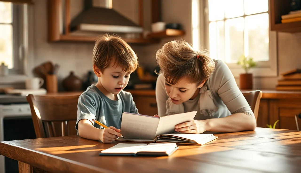 Child reading aloud to parent at kitchen table while parent tracks reading progress