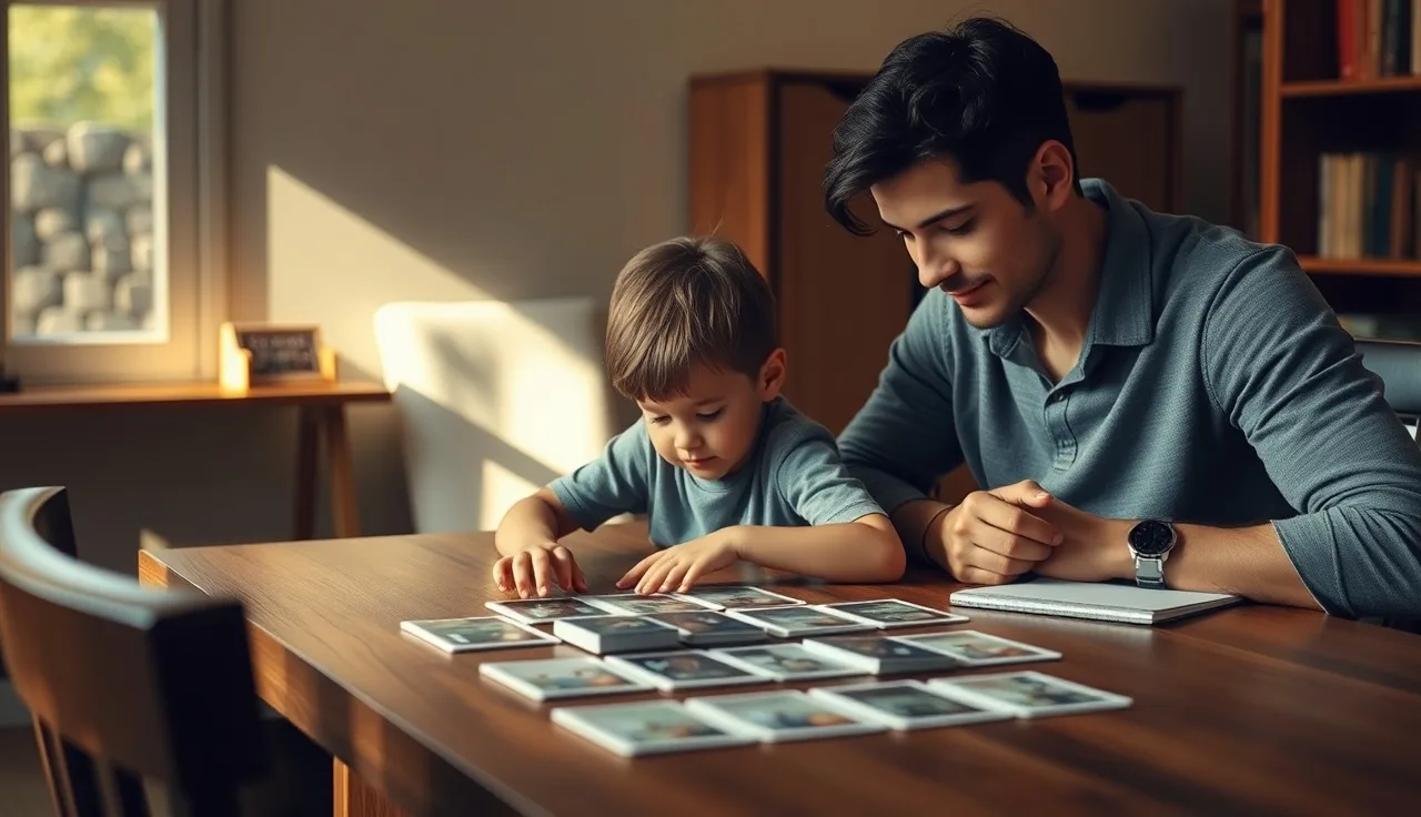 Child and adult at a table during a learning assessment in warm light