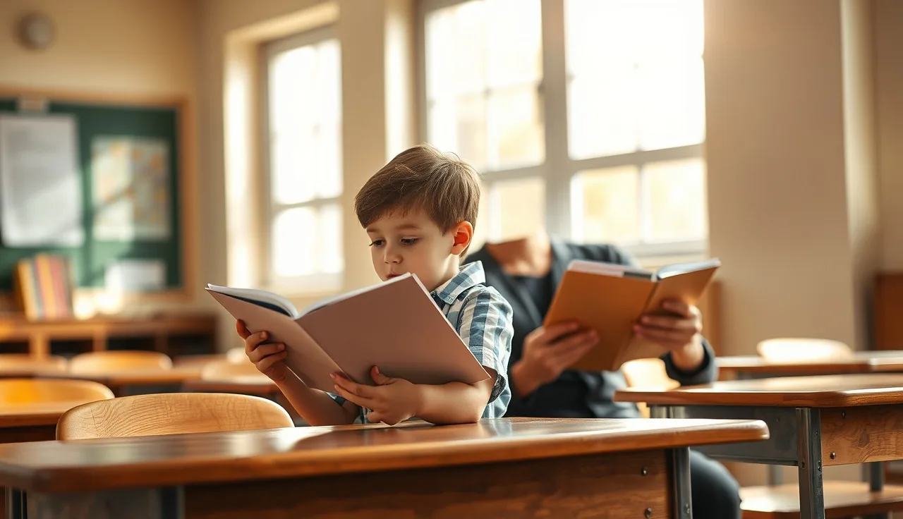 Child reading aloud to teacher during oral reading fluency assessment in classroom