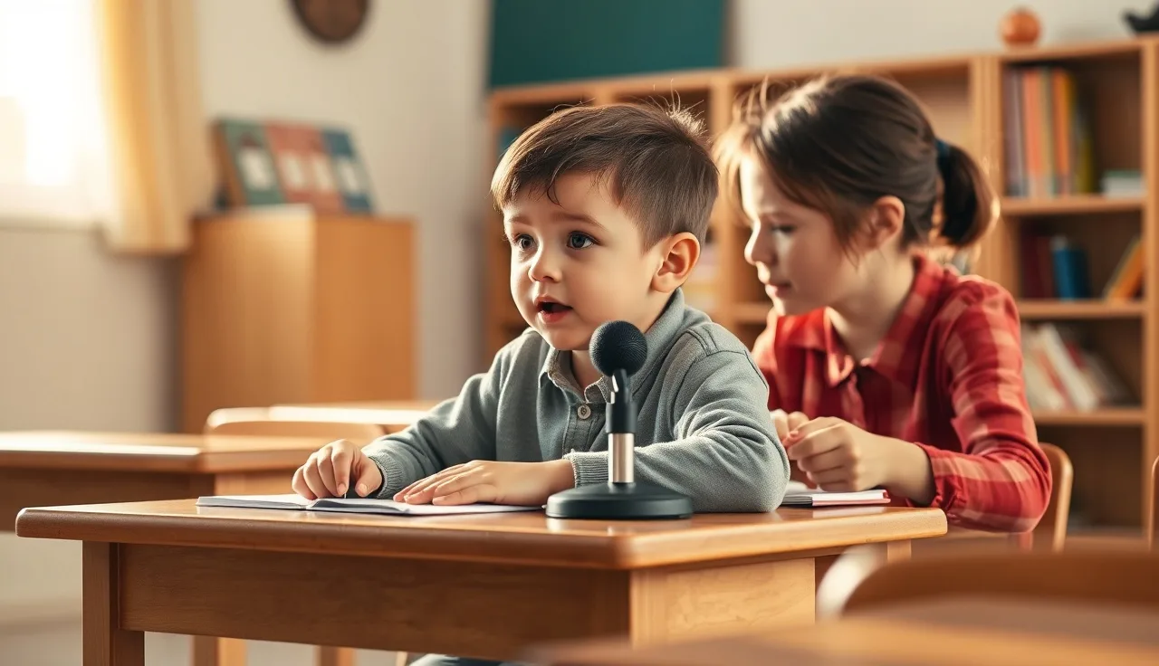 Young child reading aloud to a teacher at a school desk during a reading fluency assessment