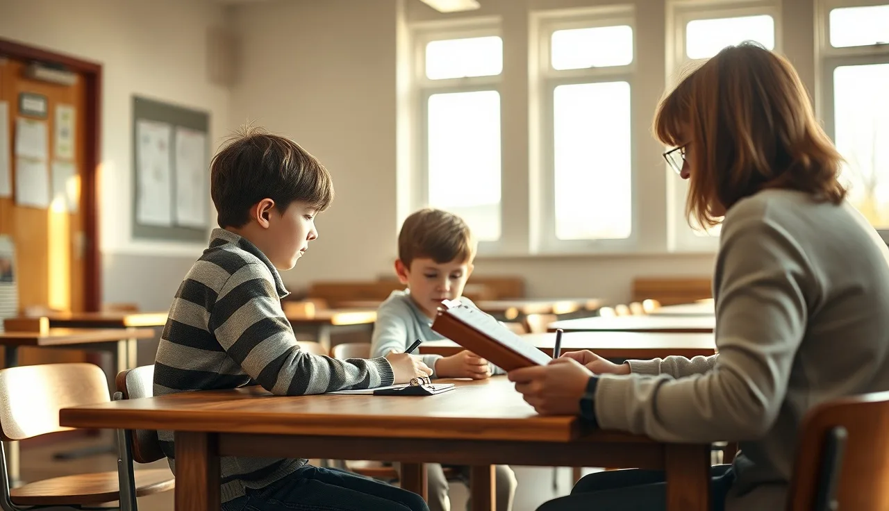 Child reading aloud to a teacher with a stopwatch during an oral fluency assessment