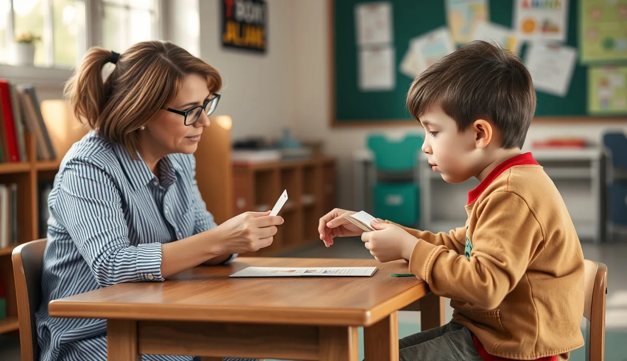 Reading specialist and young child doing a one-on-one phonics screener at a wooden table