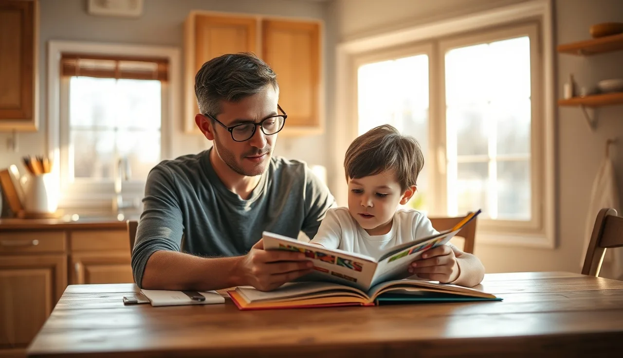 Parent listening to child read aloud at kitchen table while tracking reading fluency