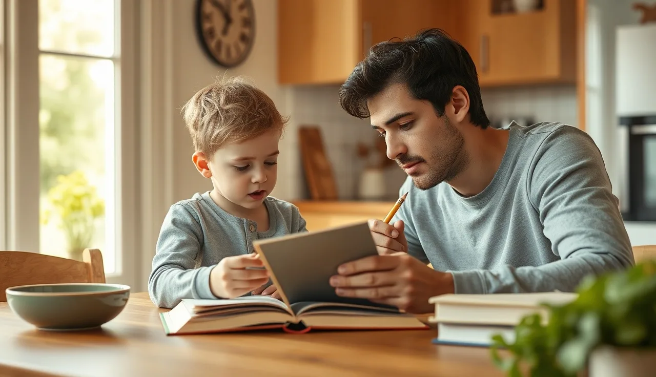 Child reading aloud from an open book to an attentive adult at a kitchen table