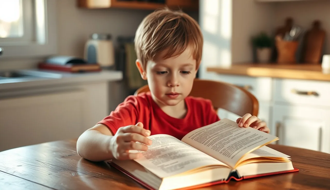 Child reading aloud from an open book at a wooden table in morning light