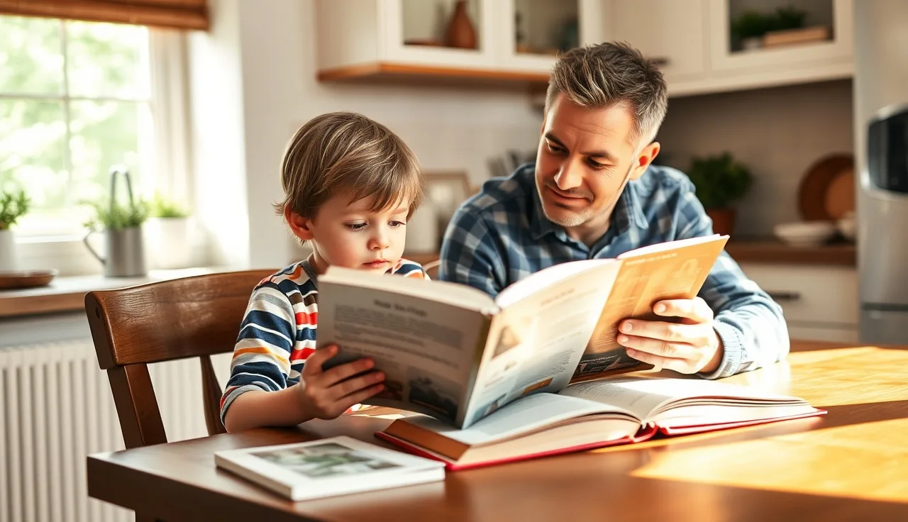Child reading aloud at kitchen table while adult listens during a fluency check