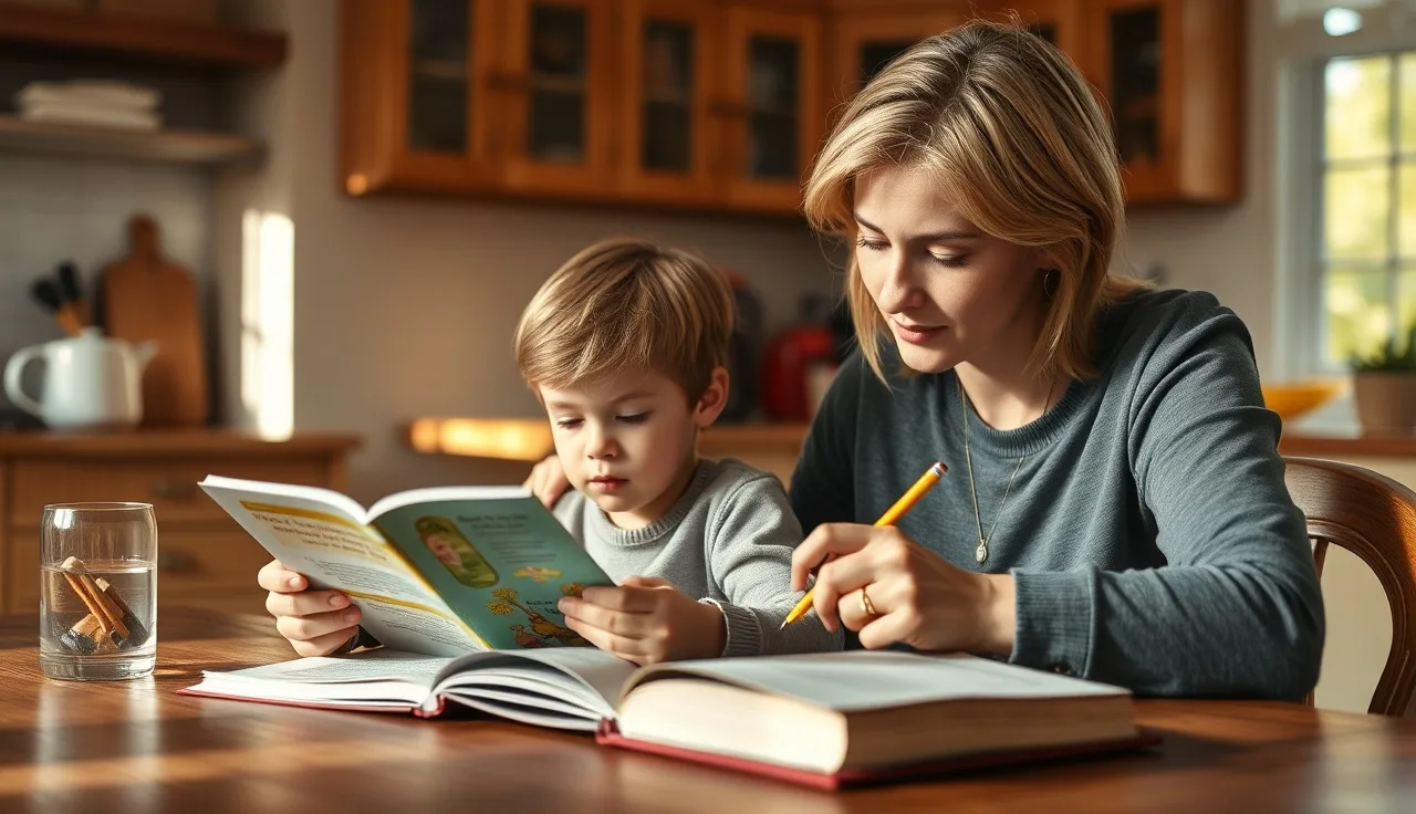 Child reading aloud while parent takes notes tracking reading fluency at home