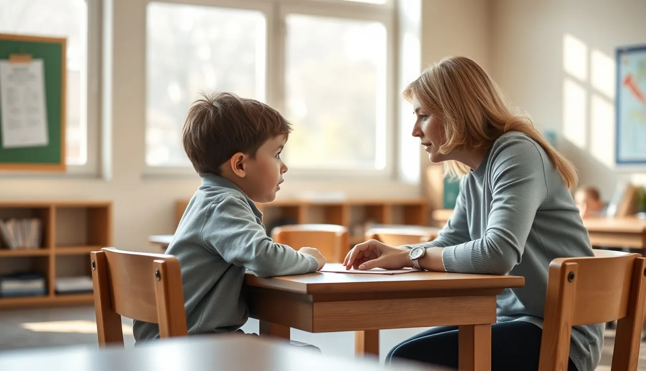 Child and teacher sitting together at a classroom table during a reading assessment