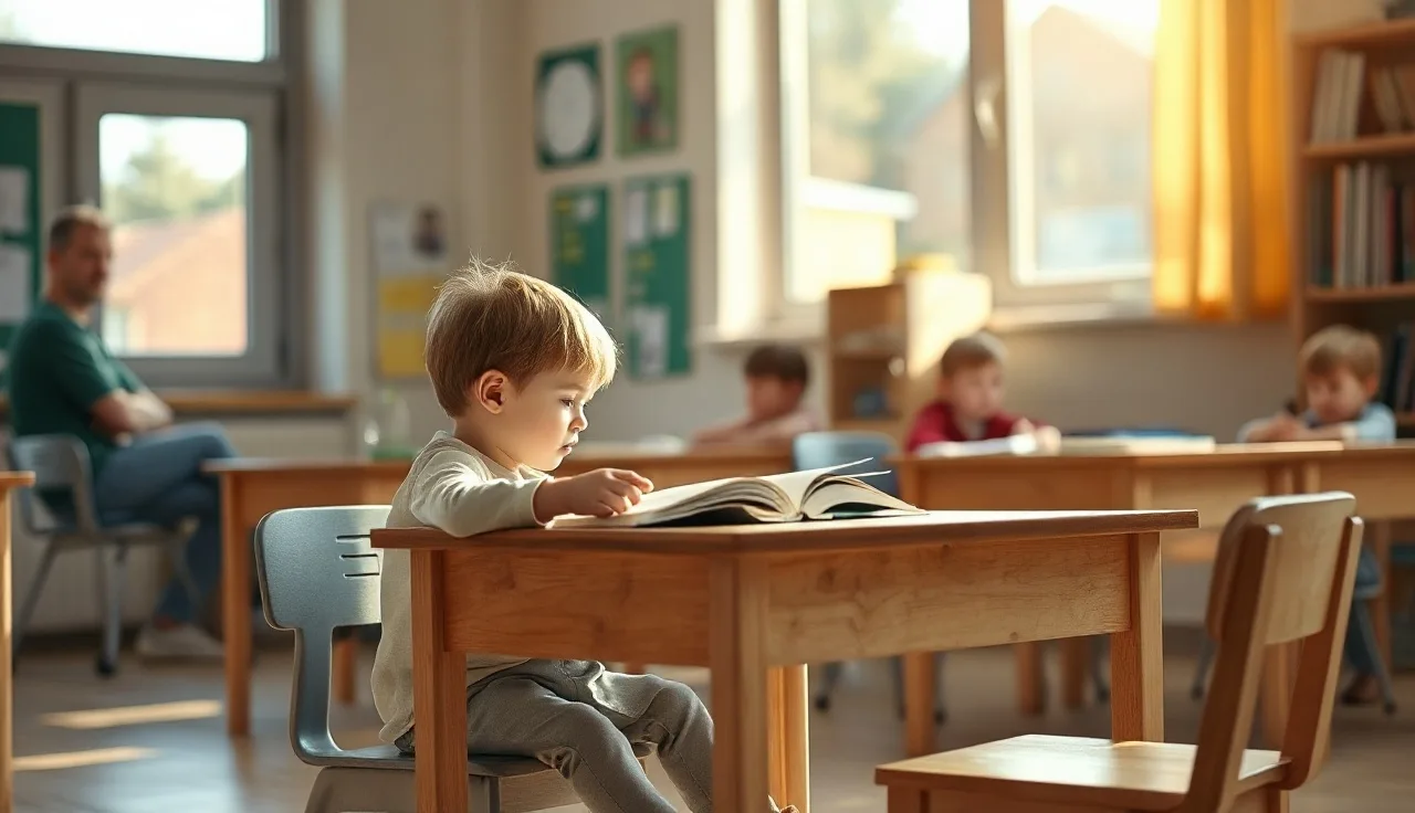 Child reading aloud to an adult during a one-minute fluency assessment in a classroom