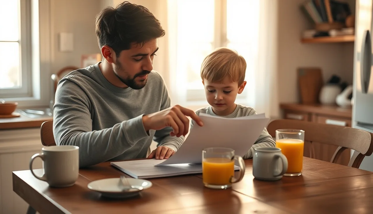 Parent and child reviewing a printed evaluation report together at a kitchen table