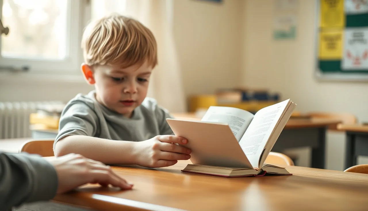 Child reading a book at a classroom table with a teacher nearby