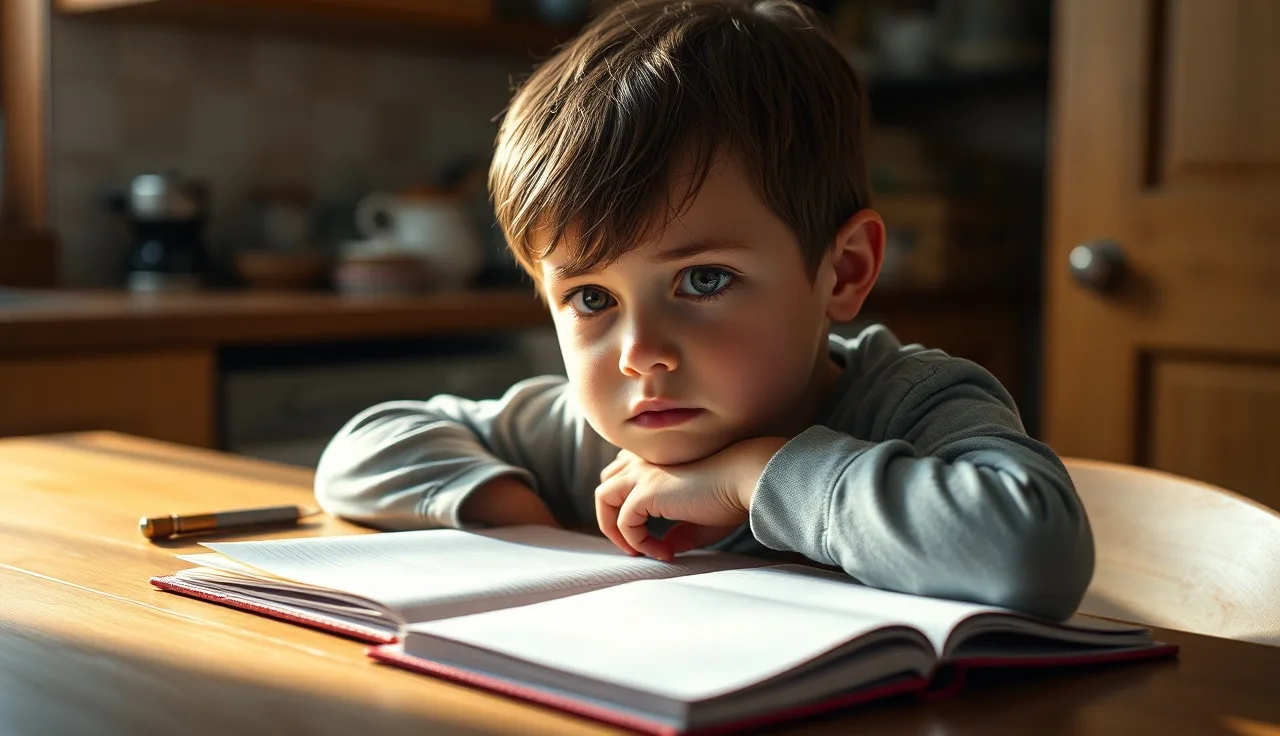 Young child resting chin on hand at kitchen table, looking tired while reading