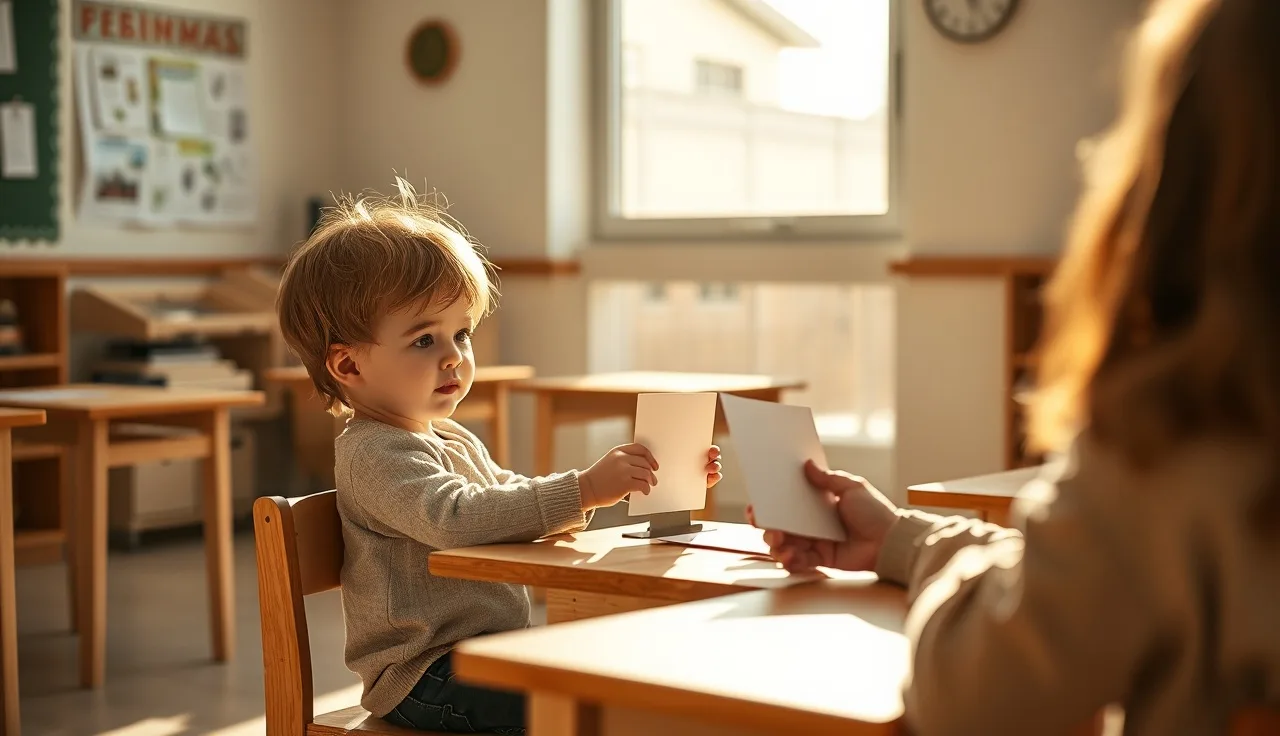 Young child and teacher doing a one-on-one reading assessment at a classroom table