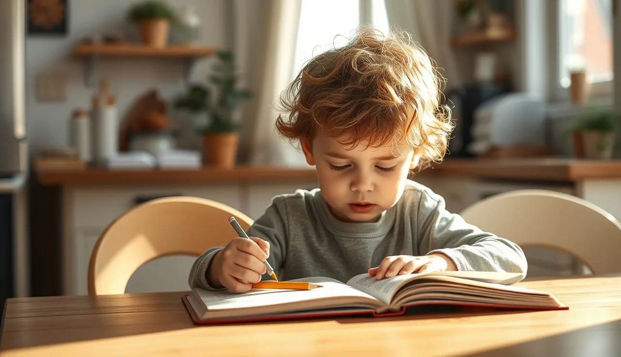 Young child struggling to focus on an open book at a kitchen table